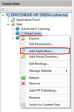 Right-click on the site (c-sharpcorner) and select Add Application...